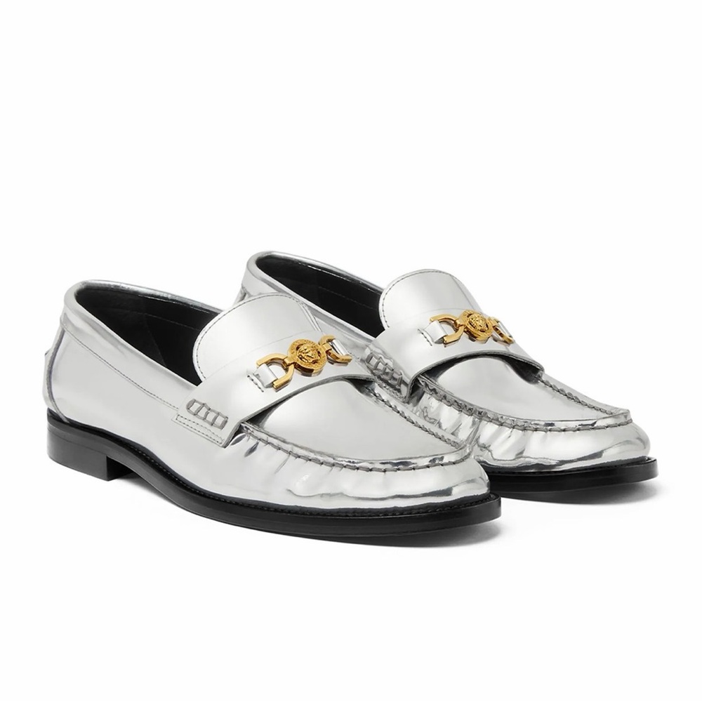 Versace Silver Metallic Leather Moccasin Loafers with Gold Medallion